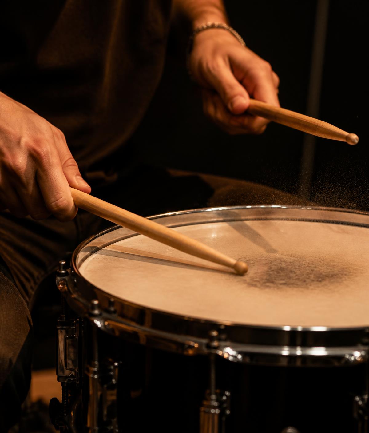 Handen die een snare drum bespelen
